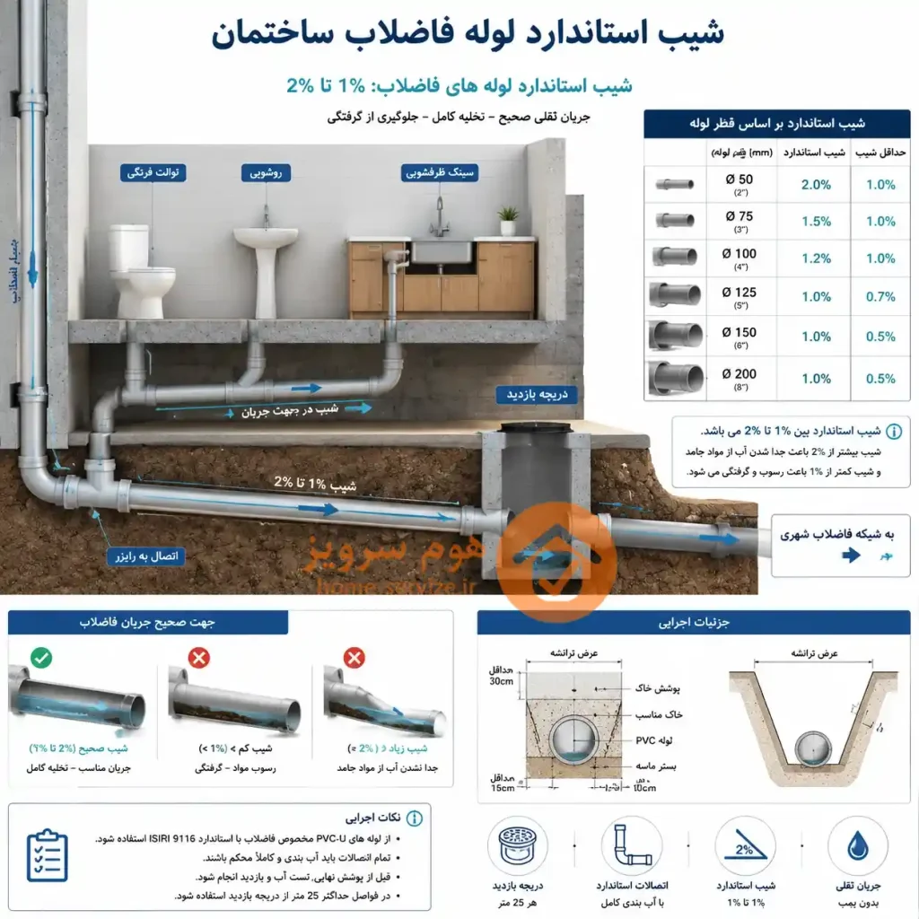 شیب استاندارد لوله فاضلاب ساختمان چقدر باید باشد؟